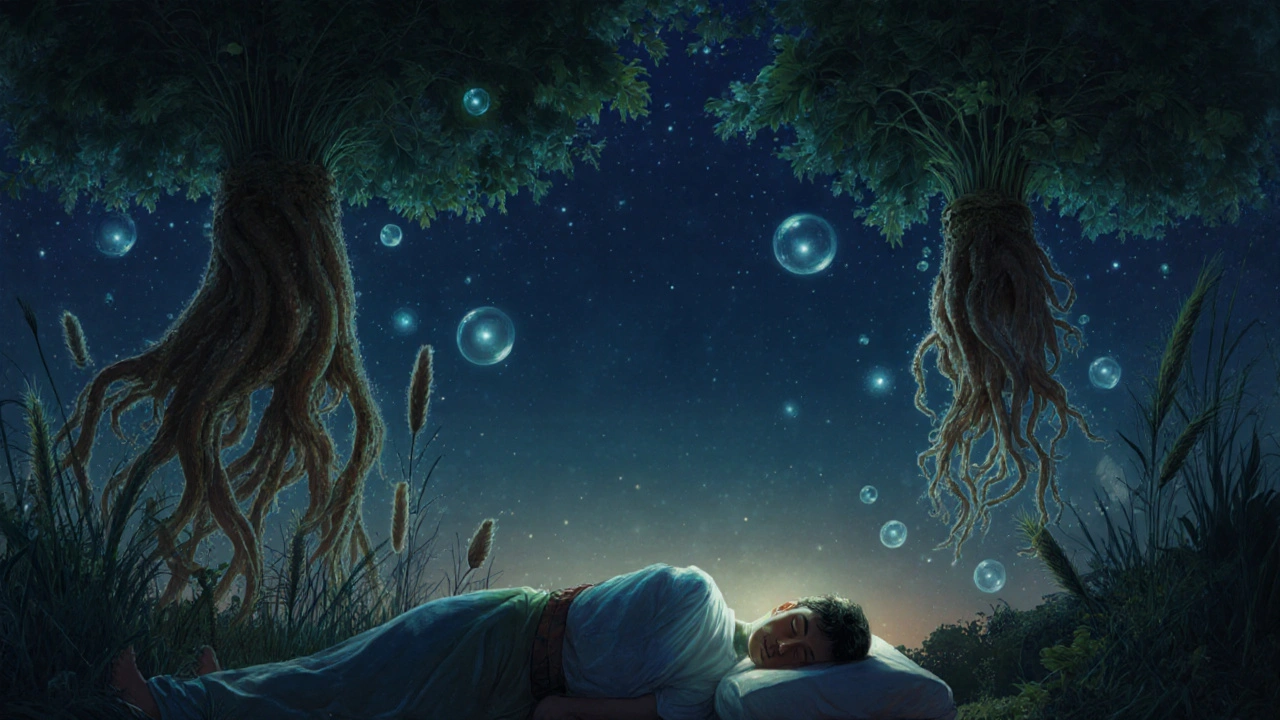 A glowing herbal garden at dawn with ethereal roots and floating healing light.