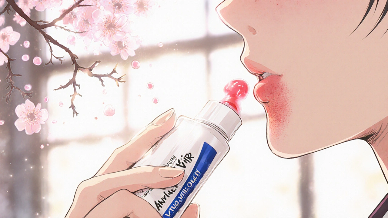 A hand applies cream to a cold sore as glowing antiviral particles descend like cherry blossoms, representing timely treatment.