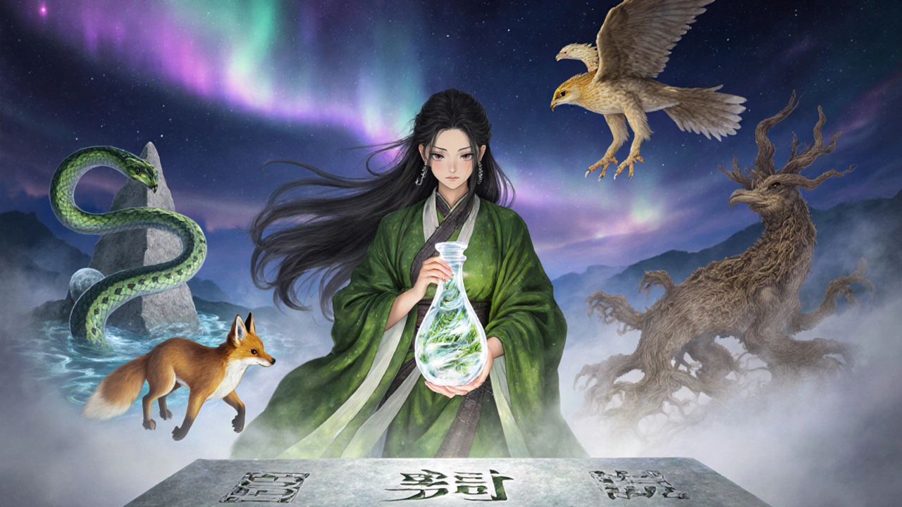 A warrior with herbal essences surrounded by spirit animals representing each herb's unique power.