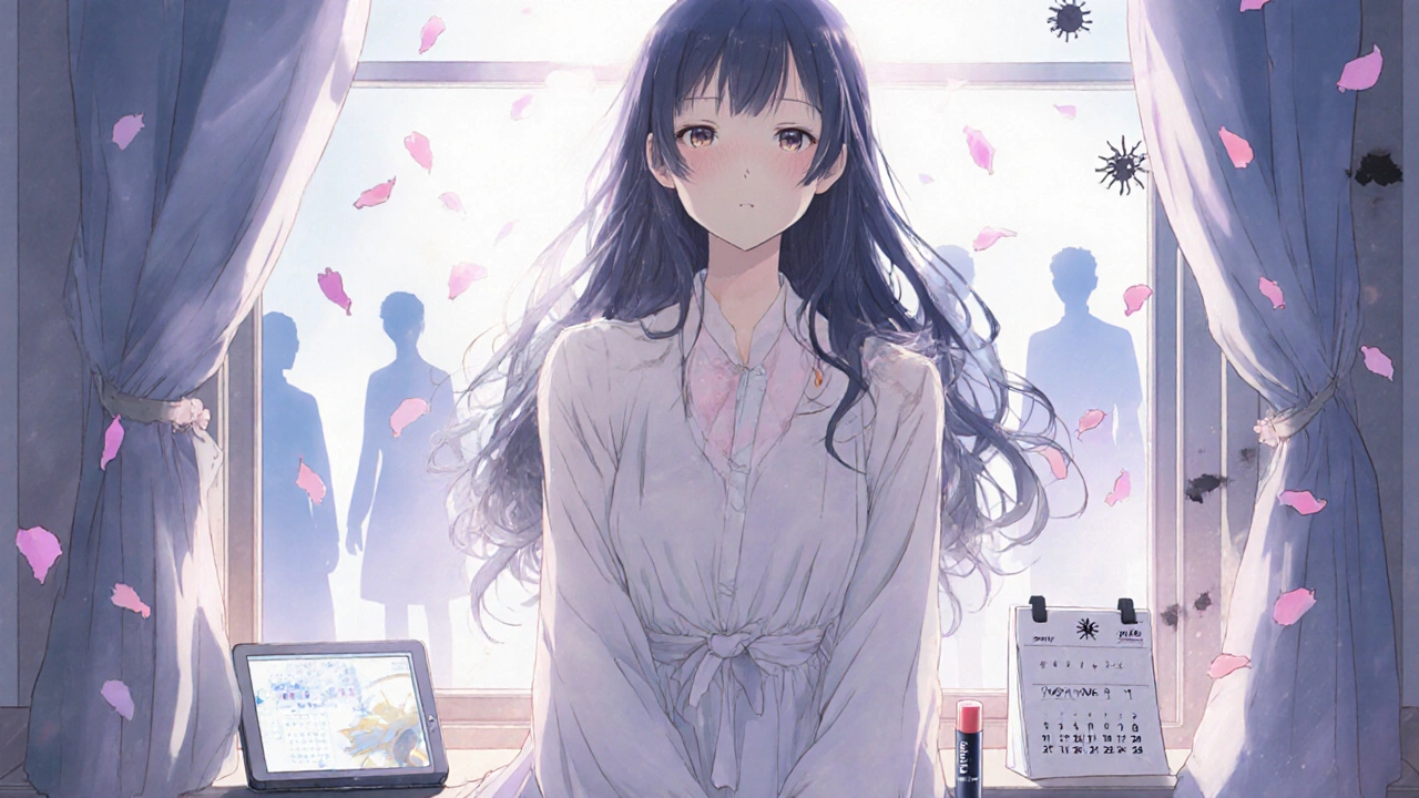 A woman smiles with a healed lip, past outbreaks fading into petals, with sunscreen and a tablet on the windowsill.