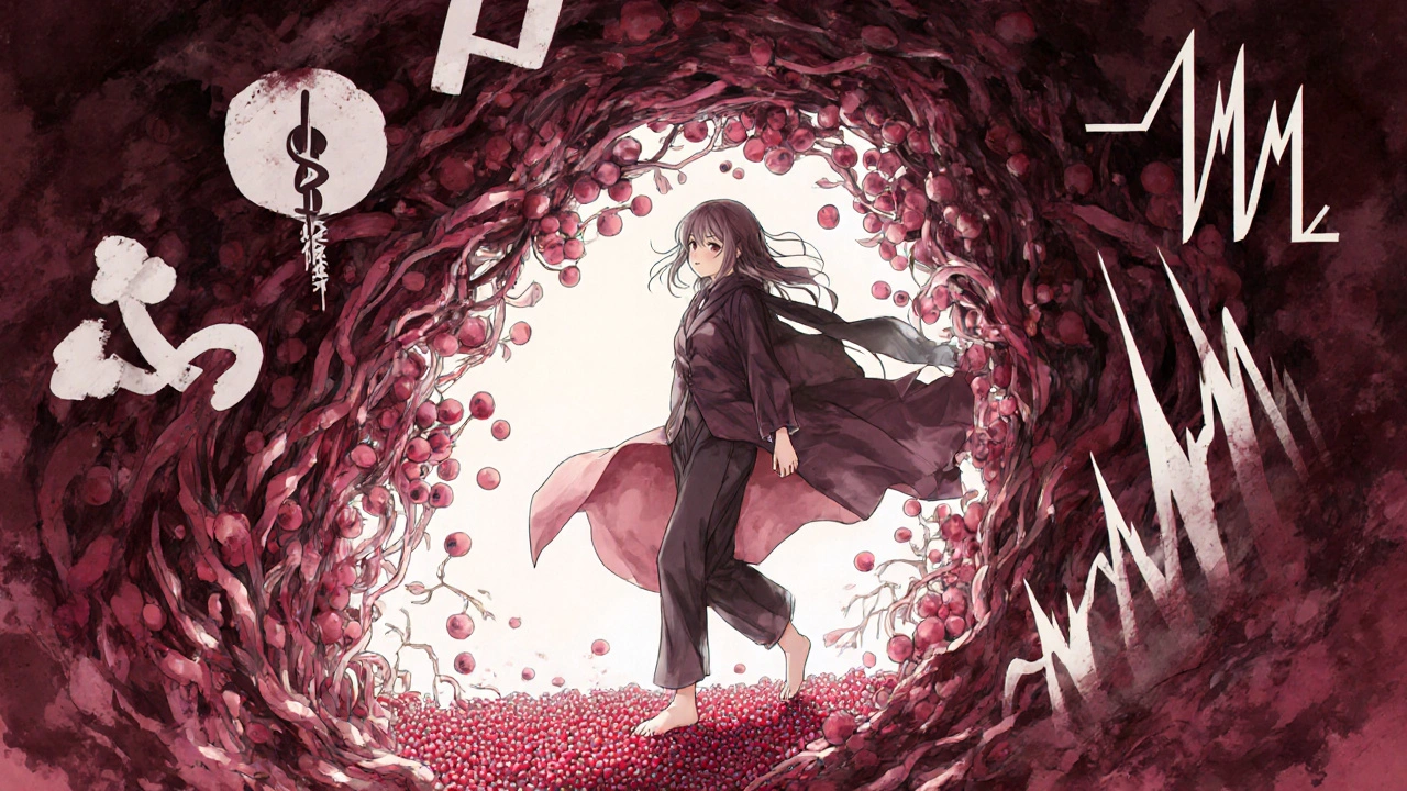 A woman stepping between healthy and risky realms, surrounded by cranberry vines and medical symbols.