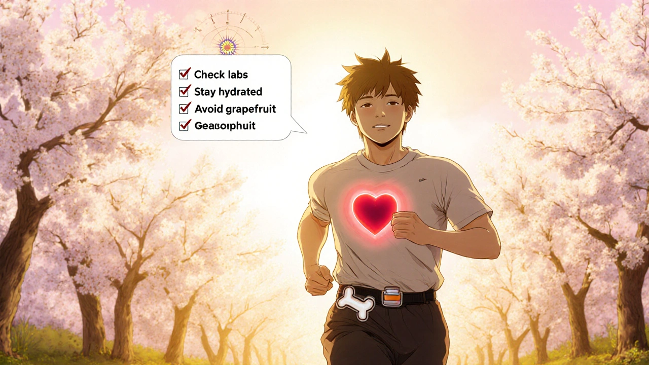 Adult jogs under sunrise, with heart and bone auras, and a floating checklist of health tips.