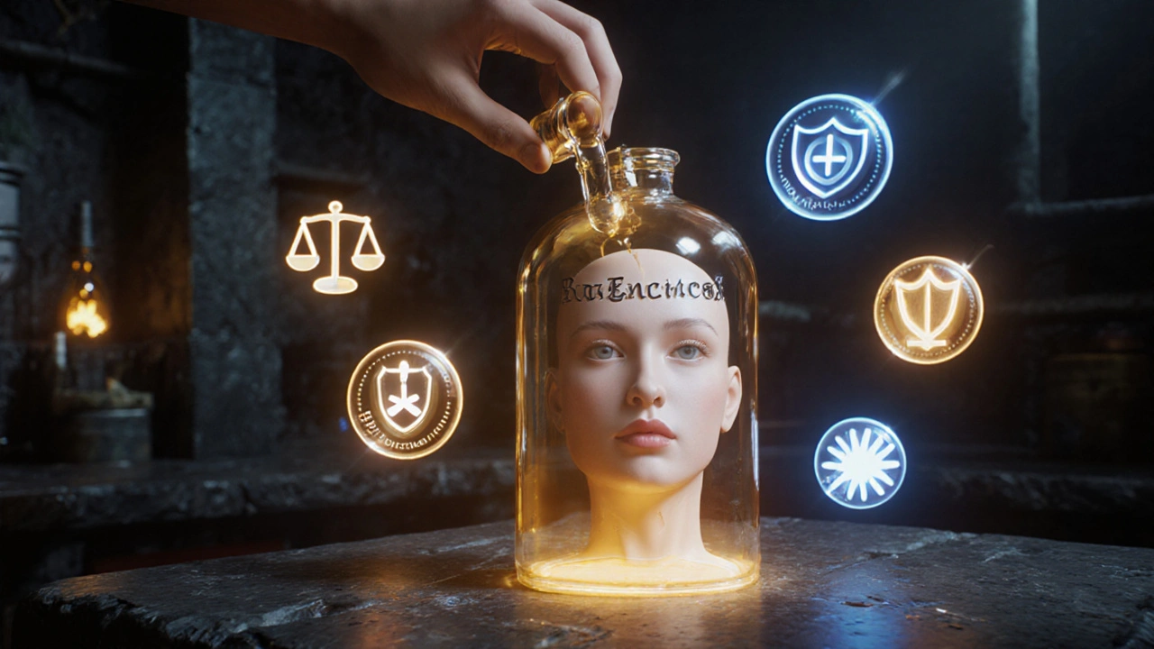 Alchemical lab scene with a glowing azelaic acid vial being applied to a facial model, surrounded by icons.