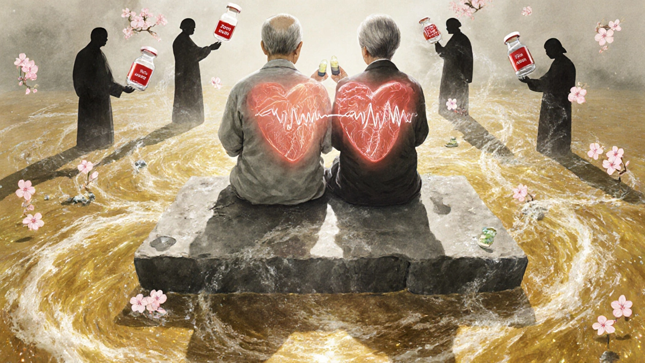 An elderly couple on a floating bench, holding medication vials as shadows become healthy hearts.