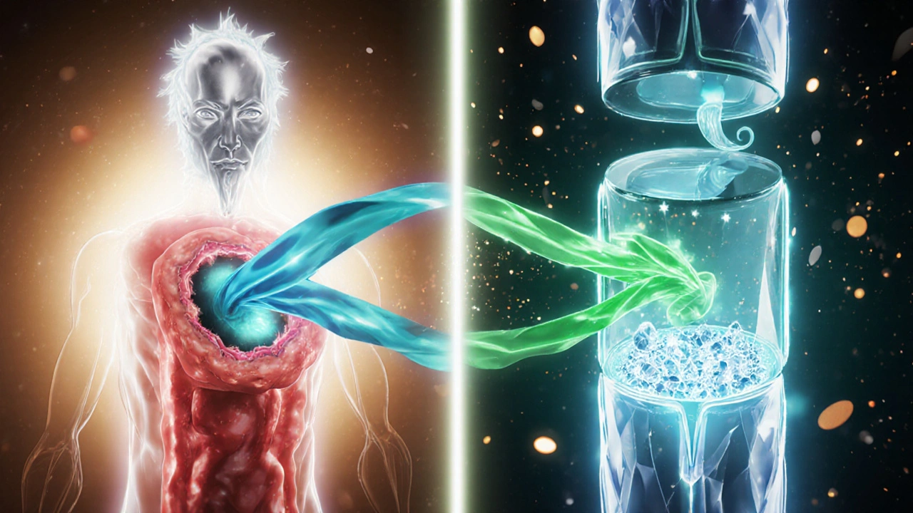 Anime illustration showing ACE inhibition and thiazide action as glowing ribbons inside arteries and a kidney tubule.