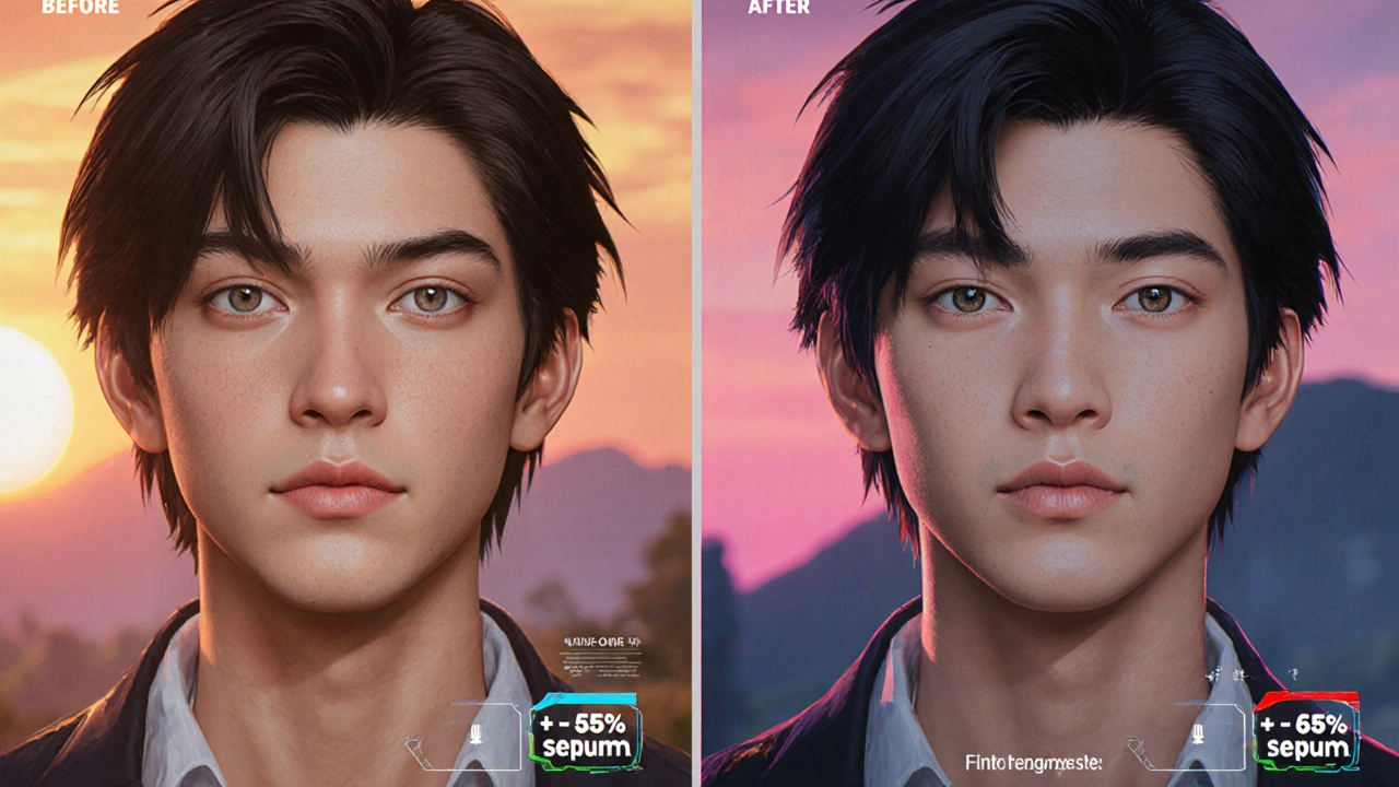 Before‑after split screen of a character's skin, showing reduced oil, smoother texture, and stats.