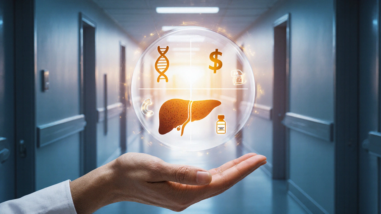 Clinician&#039;s hand over floating icons representing genotype, liver health, cost, and pills.