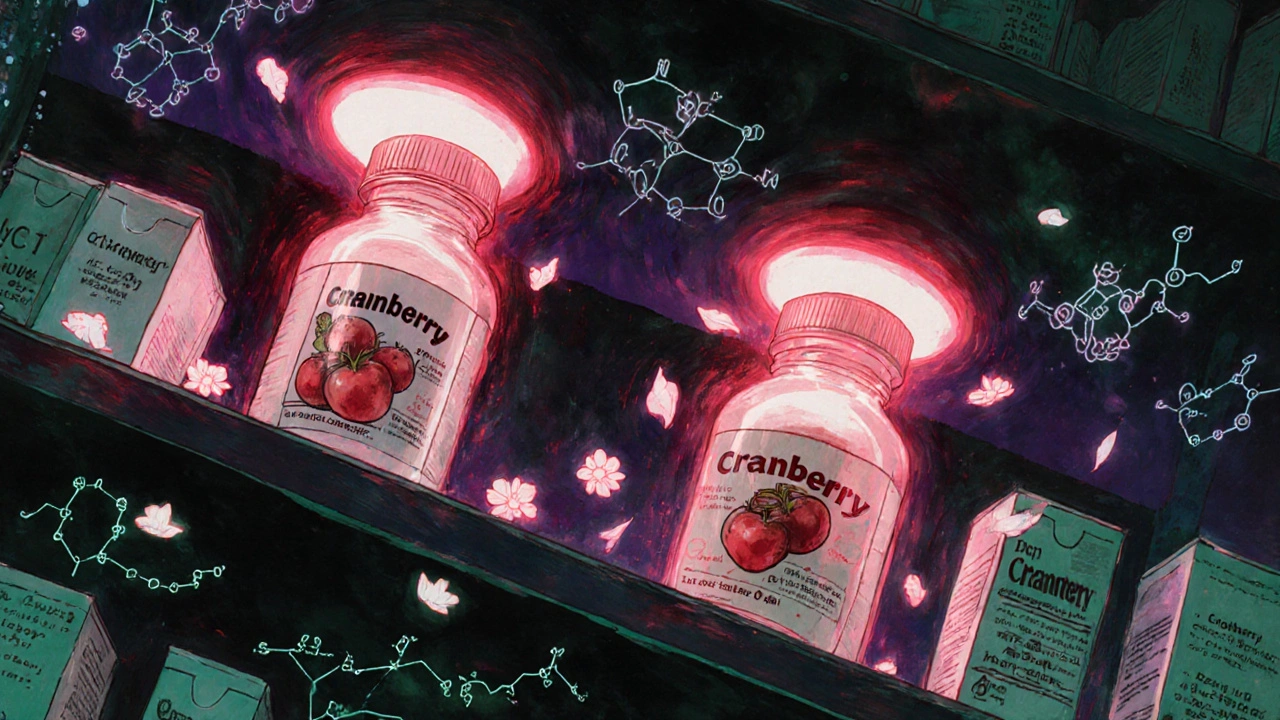 Cranberry supplements glow ominously beside harmless juice cartons on a mystical pharmacy shelf.