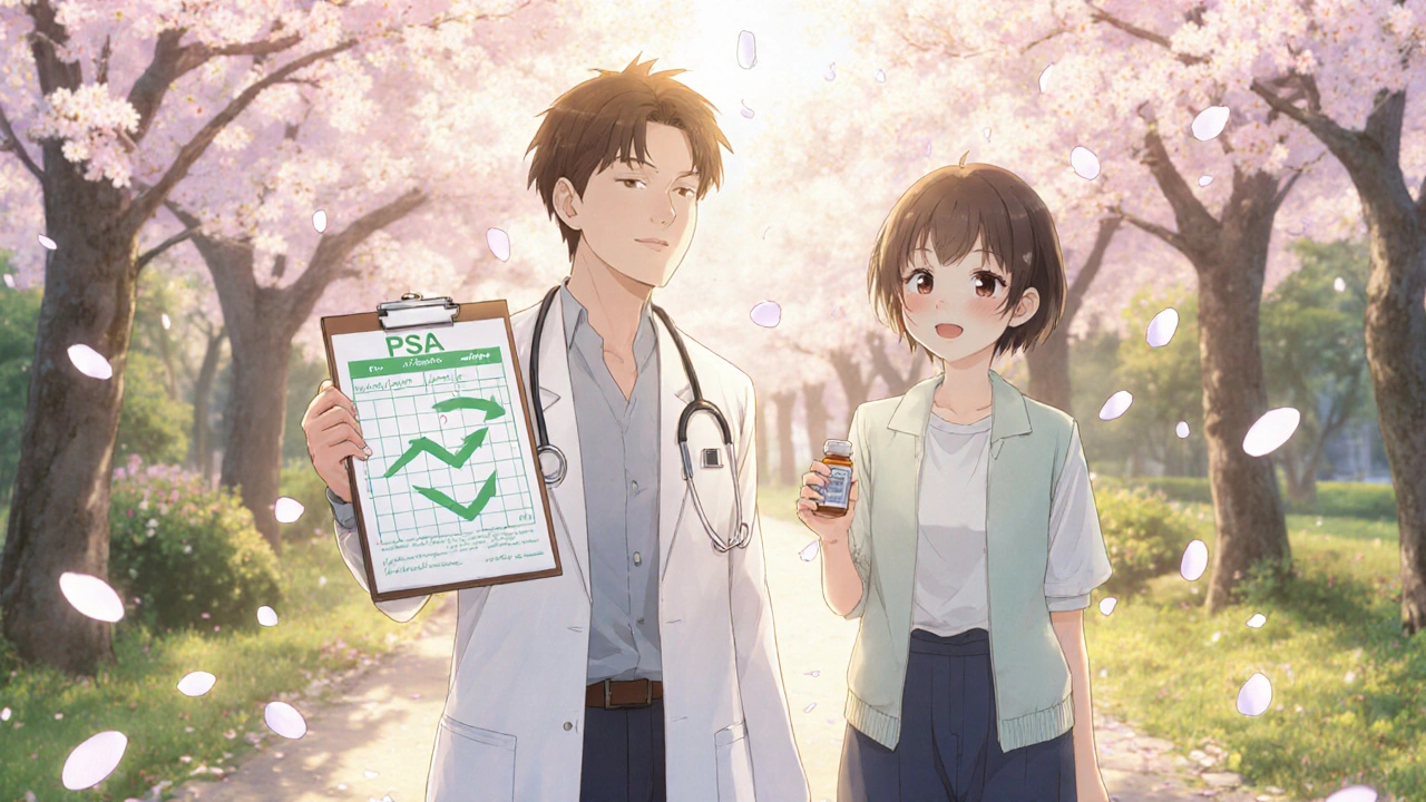 Doctor and patient walk in a garden, discussing PSA results while holding medication bottle.