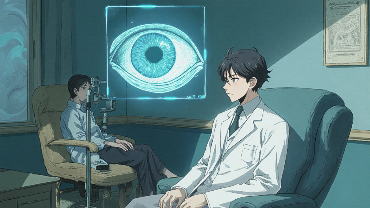 Doctor examining a patient with ethereal OCT scan and tonometer in a serene room.