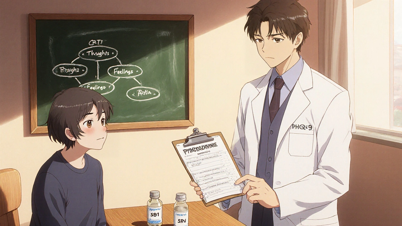 Doctor reviewing PHQ‑9 with patient, B6 and SSRI bottles on table.