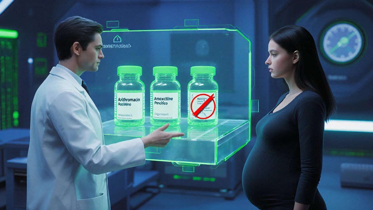 Doctor showing holographic antibiotic choices to a pregnant patient.