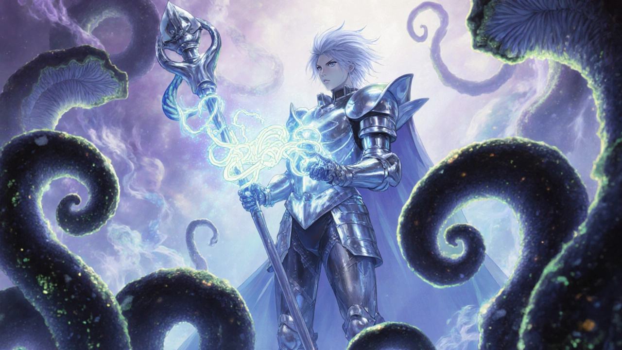 Ethereal figure representing griseofulvin battling glowing fungal hyphae.