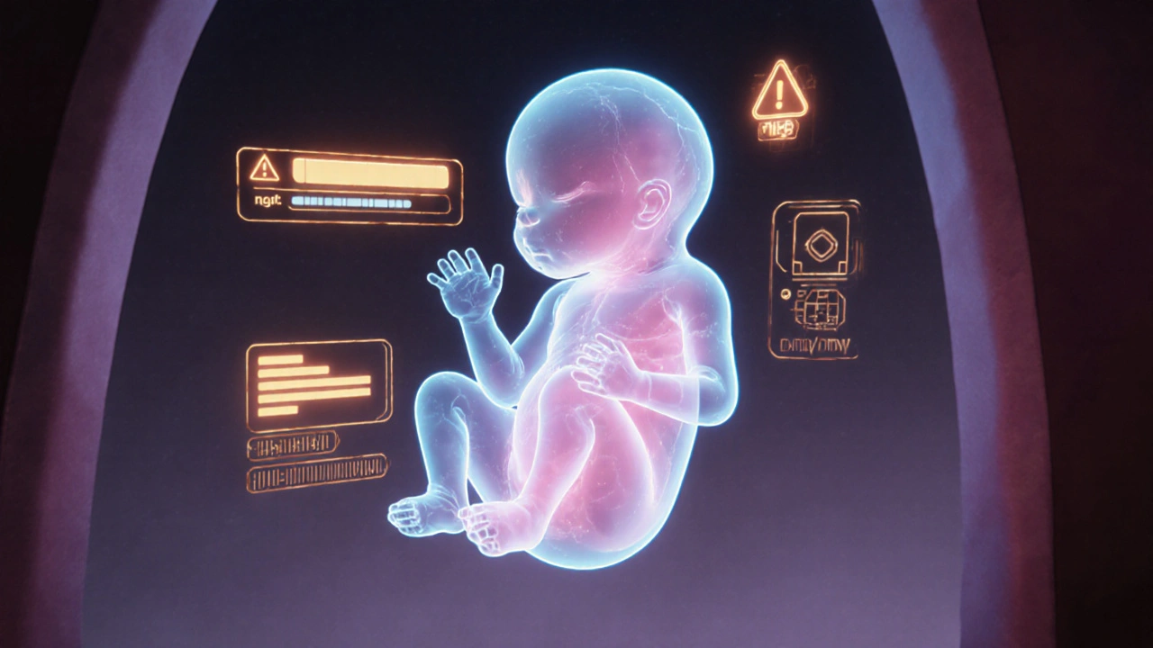 Fetal silhouette with highlighted teeth and bones, UI warning icons.