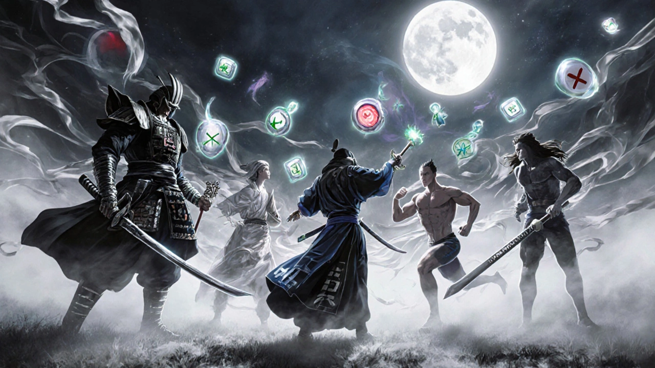 Five characters representing different PAD treatments stand on a misty battlefield.