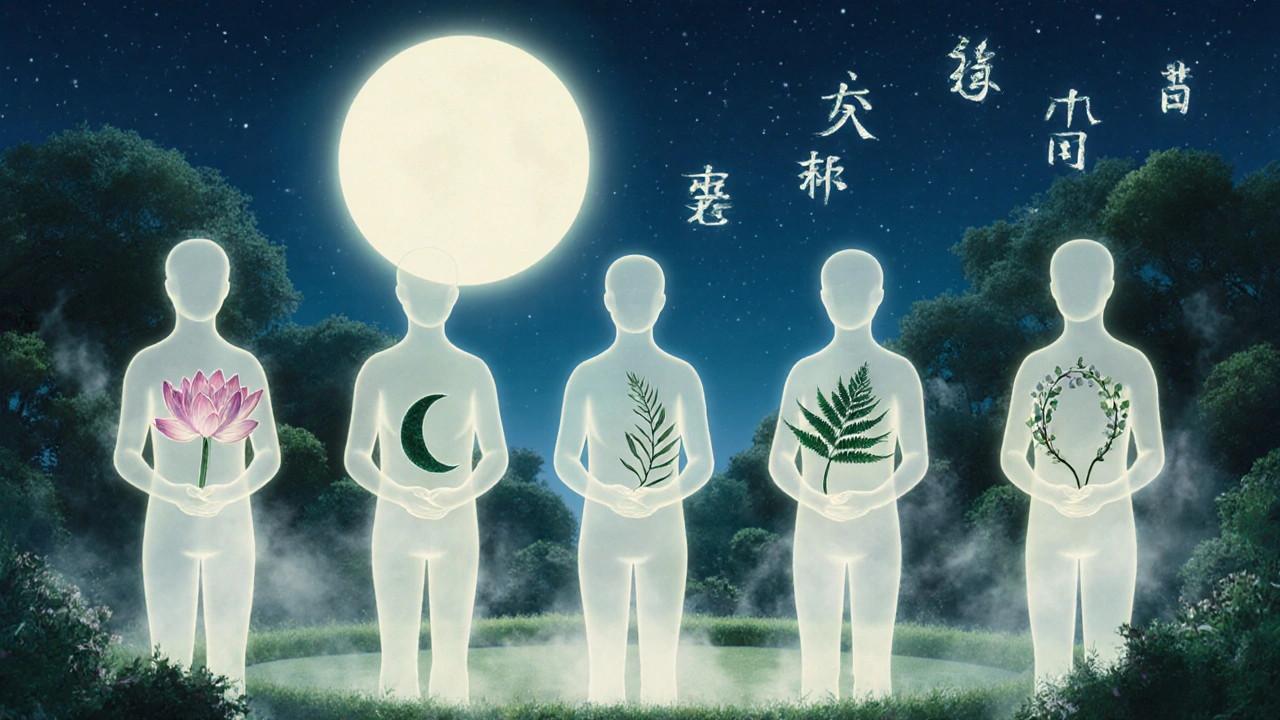 Five figures in a garden, each holding a symbolic plant for different cholesterol medications.