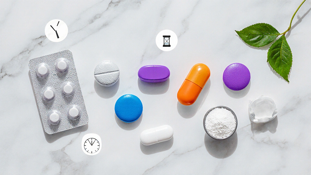 Flat‑lay of various sexual‑health pills, powders, and ginkgo leaves on marble.