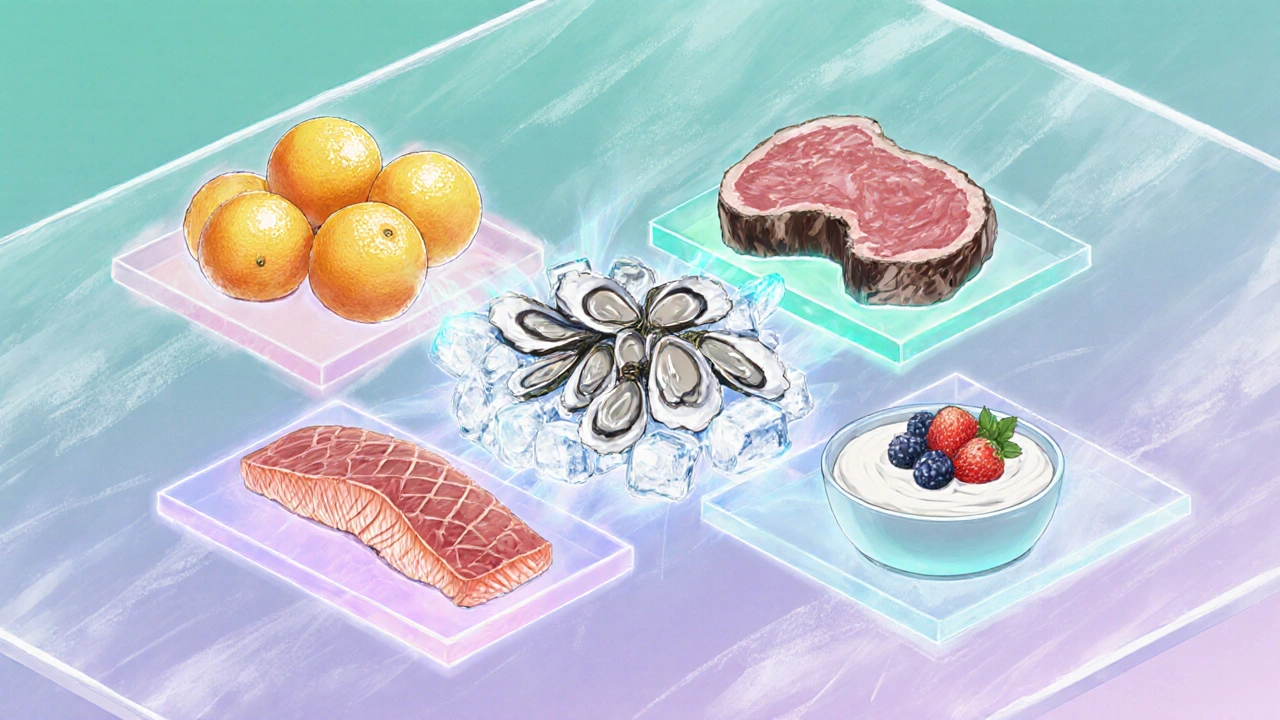 Floating food items representing key nutrients with soft glowing auras.