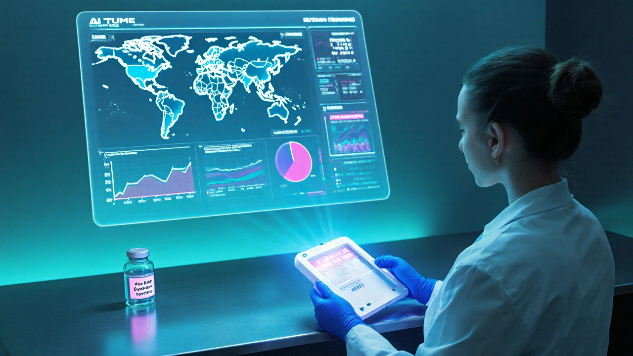 Futuristic lab with AI surveillance display and a handheld universal rapid STI test device.
