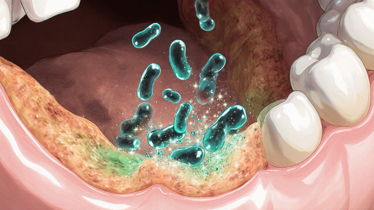 Gum pocket view with glowing minocycline particles attacking bacteria.