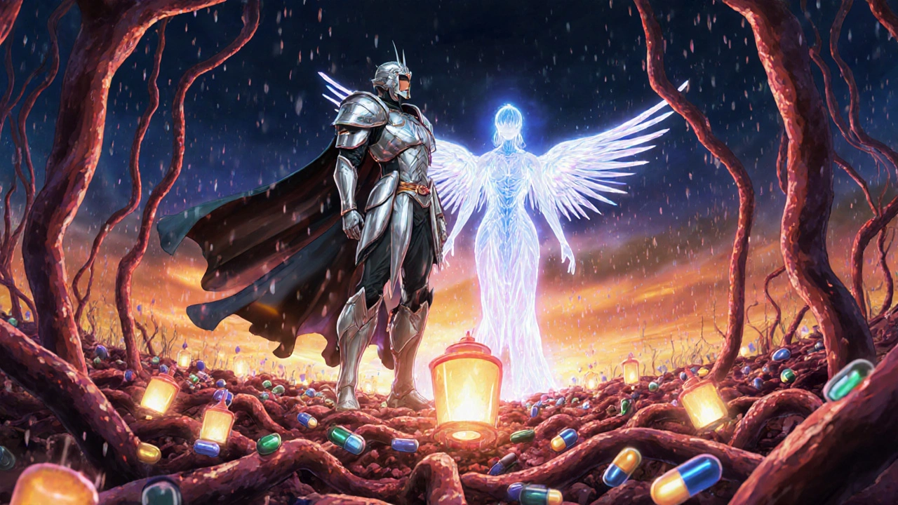 Heroic figures representing cyclophosphamide, dacarbazine, and PDâ1 inhibitor on a bloodâvessel battlefield.