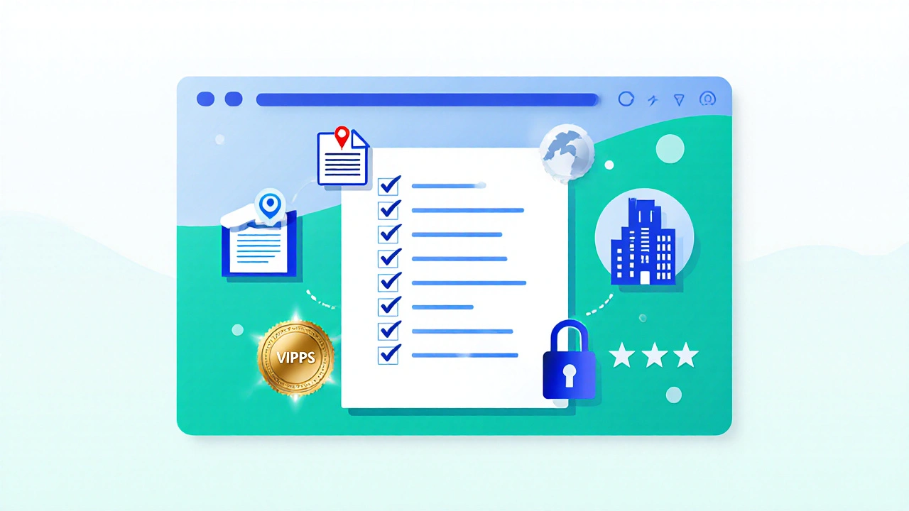 Illustrated checklist showing prescription, address, VIPPS seal, lock, and reviews.