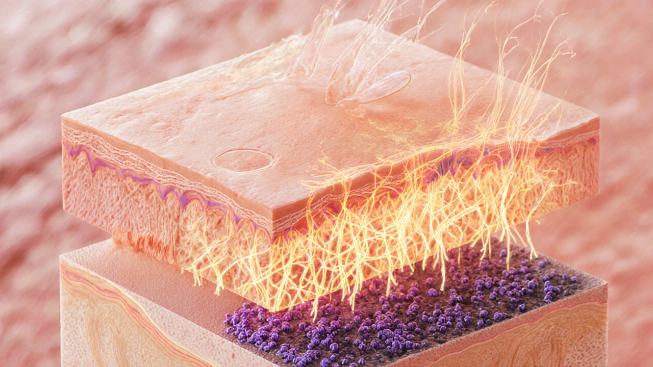 Illustrated skin cross‑section showing cell turnover, collagen boost, and melanin fading.