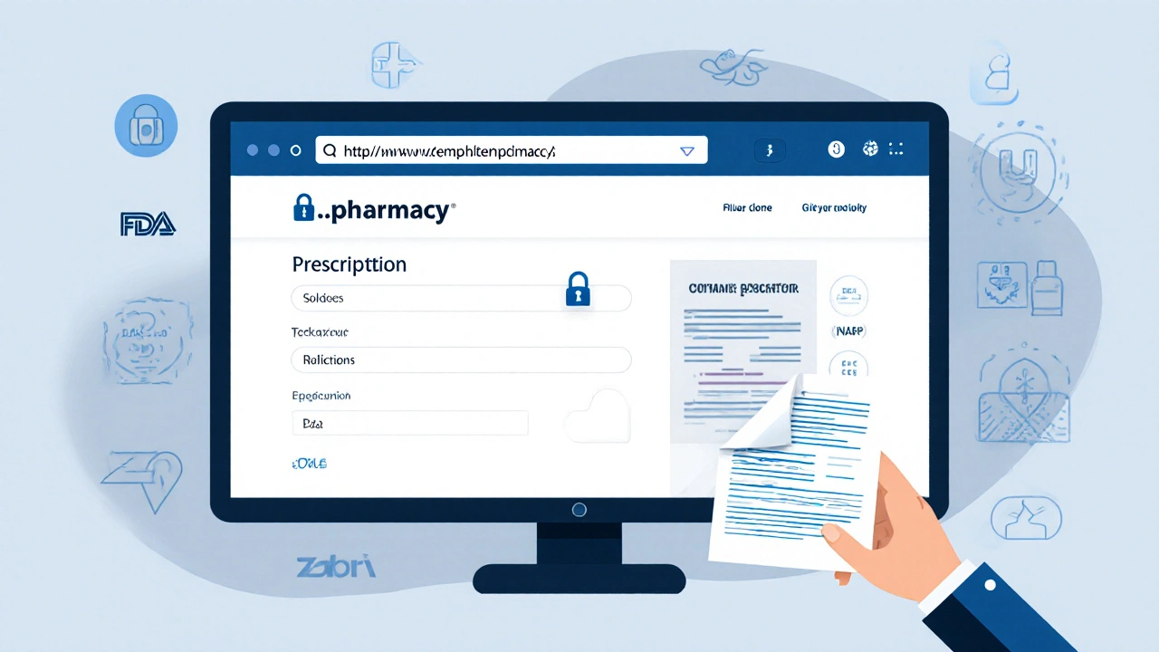 Illustration of a secure pharmacy website page with a prescription upload.