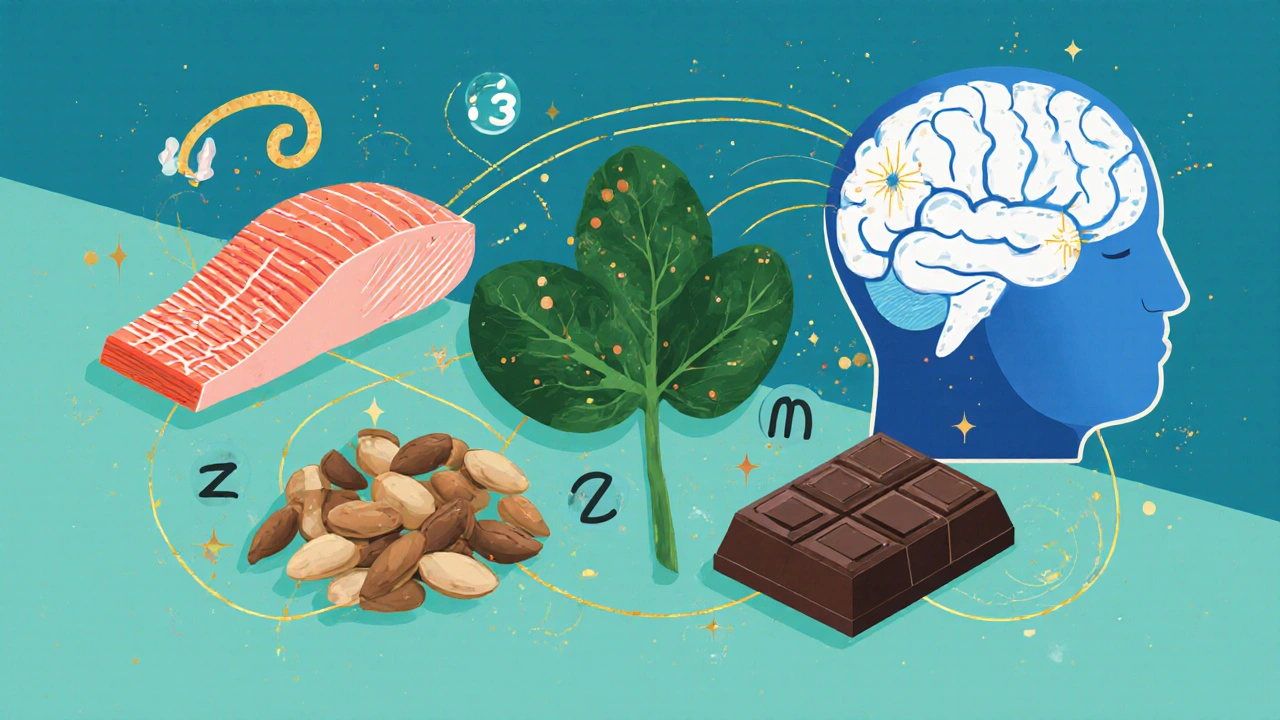 Illustration of salmon, spinach, pumpkin seeds, and chocolate linked to a brain.