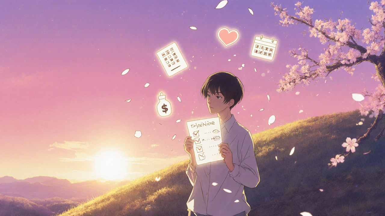 Individual on a sunrise hill holding glowing icons representing eye care steps.