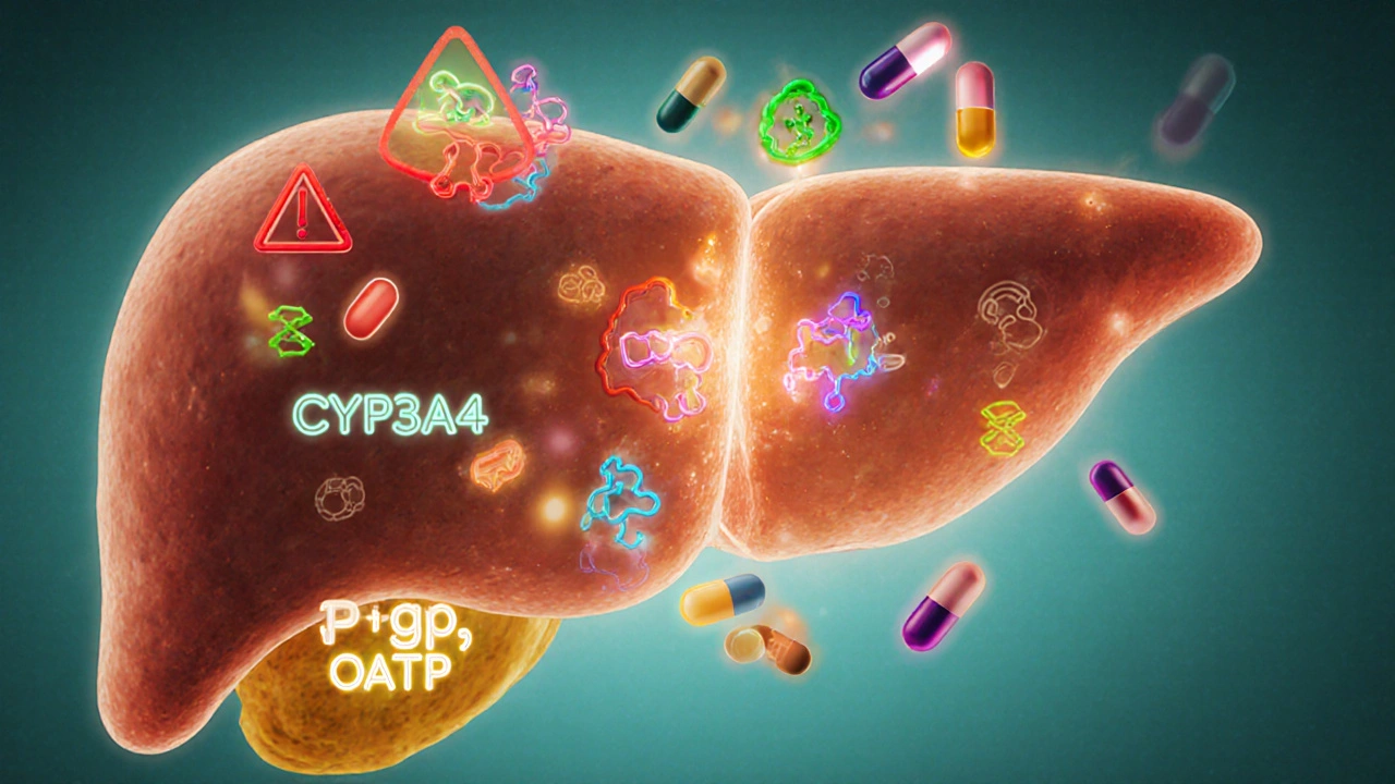 Liver cell cross‑section showing enzymes and drug molecules interacting.