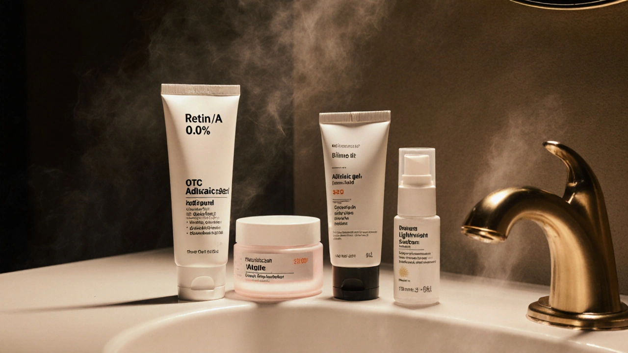 Nighttime bathroom vanity with various retinoid products, moisturizer, and sunscreen.