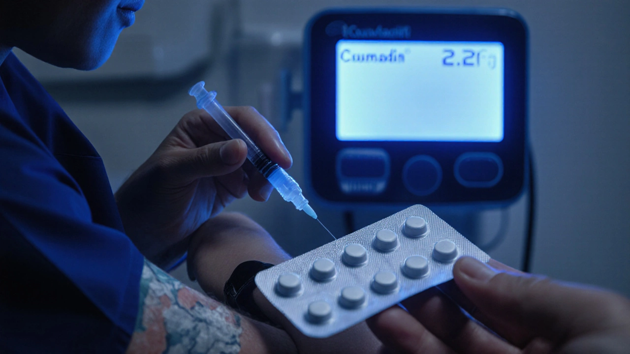 Nurse drawing blood, INR monitor showing results, and a warfarin blister pack nearby.