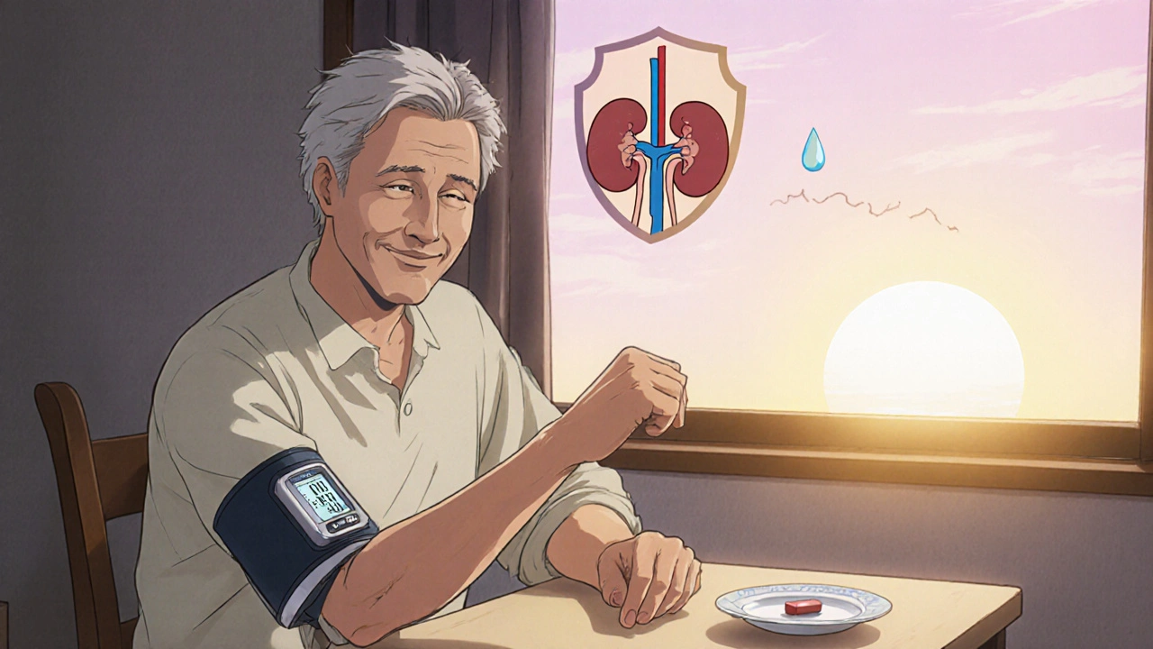 Patient checking blood pressure at home with a single pill nearby, sunrise background indicating health improvement.