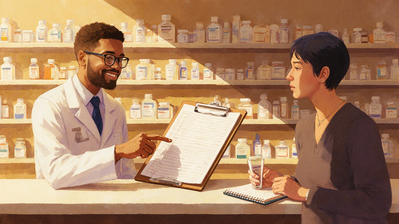 Patient discussing medication list with pharmacist in a warm pharmacy setting.