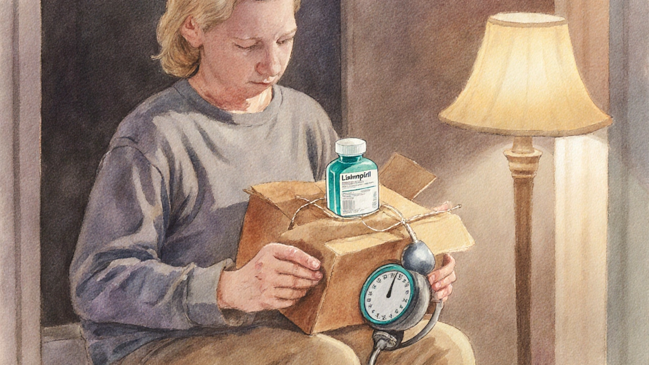 Patient opening delivery box revealing lisinopril bottle and blood pressure monitor.