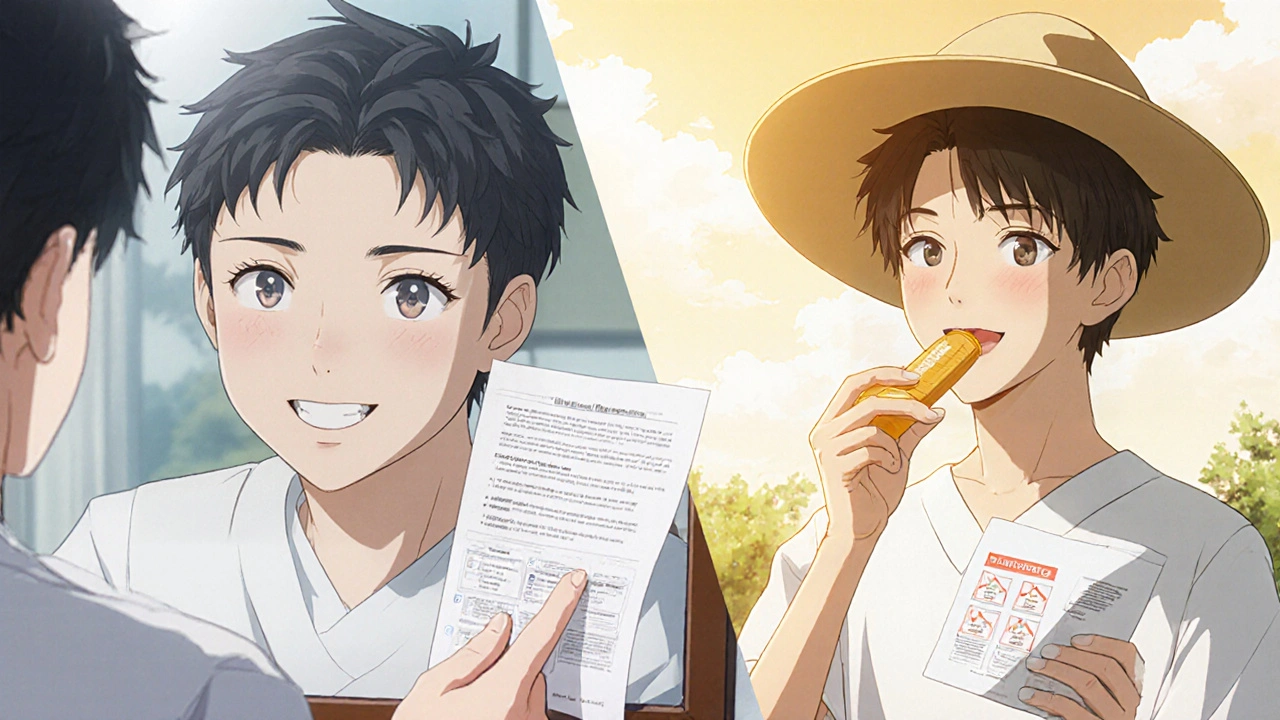 Patient sees stained teeth in mirror while dentist advises sun protection.