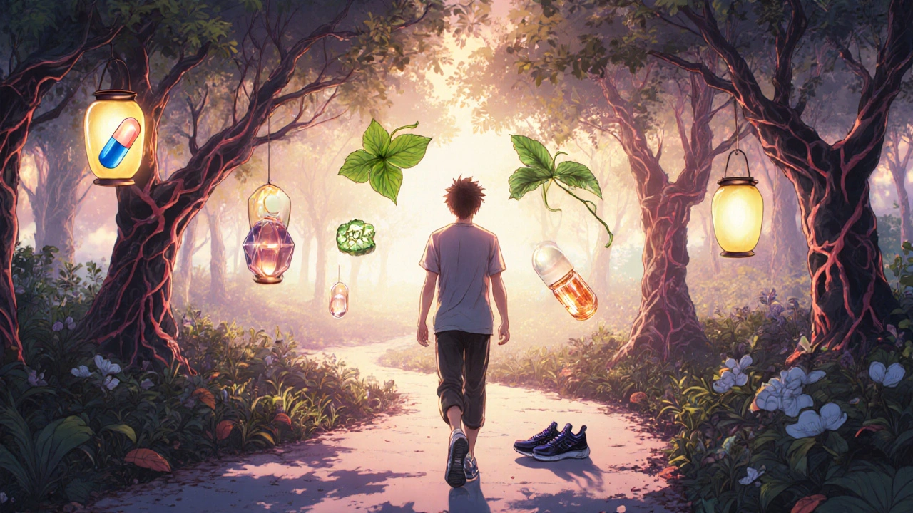 Patient walks a glowing path with lanterns showing medication and exercise options.