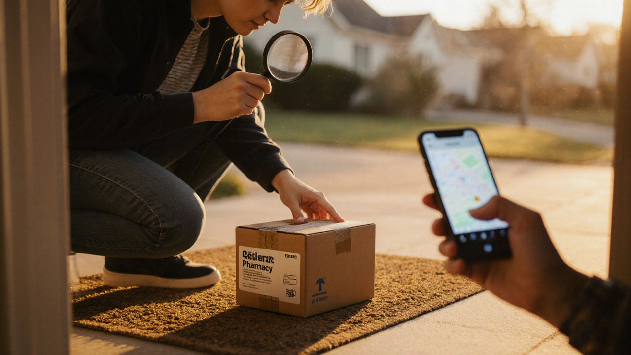 Person checking a delivered pharmacy package on a doorstep at sunset.