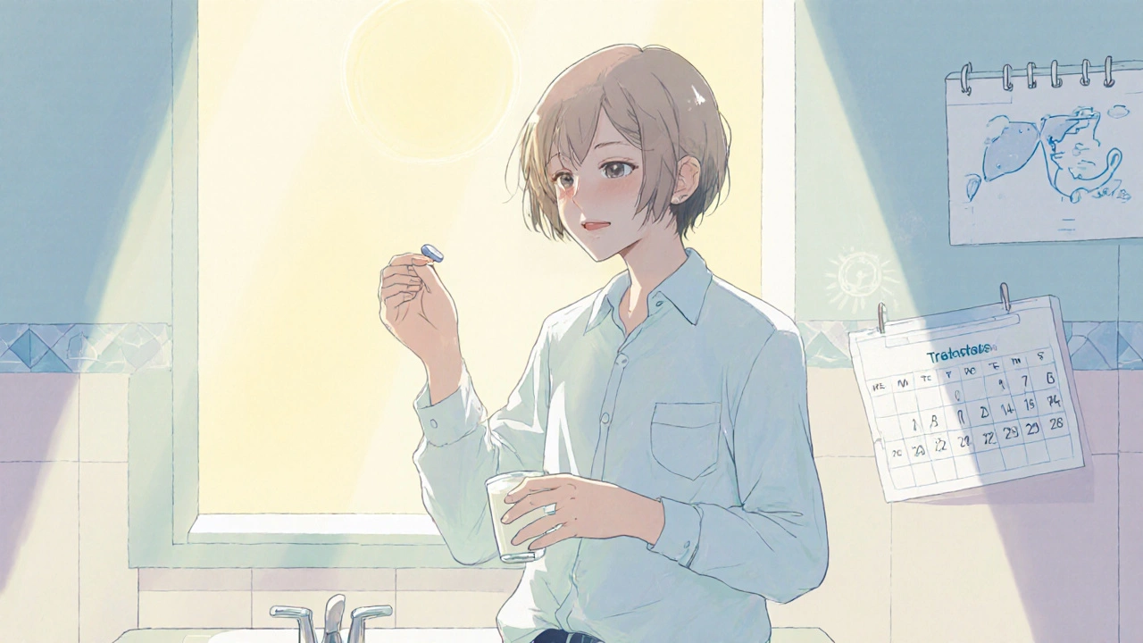 Person taking a pill with milk, wearing sunscreen, under soft sunlight.