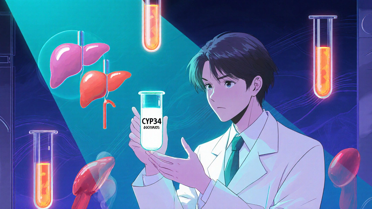 Researcher examines glowing test tube labeled CYP3A4, with translucent liver and muscle icons nearby.