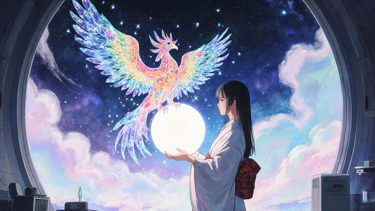 Researcher holding a glowing orb as a phoenix rises, symbolizing vaccine priming after cyclophosphamide.