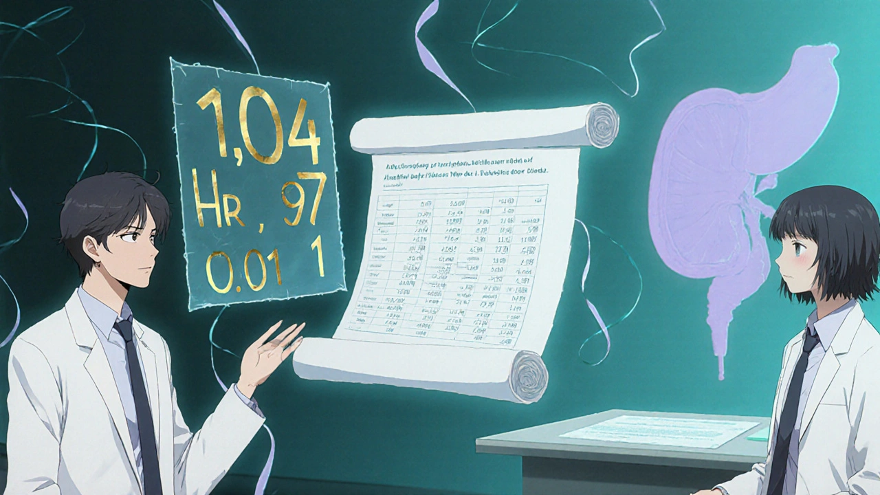 Researchers review holographic charts showing hazard ratios and study data on prostate cancer.