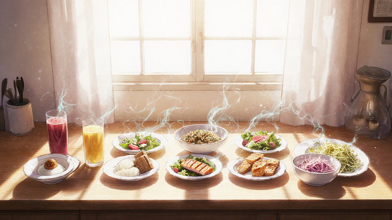 Seven meal plates arranged like a calendar, showing diverse nutritious dishes.