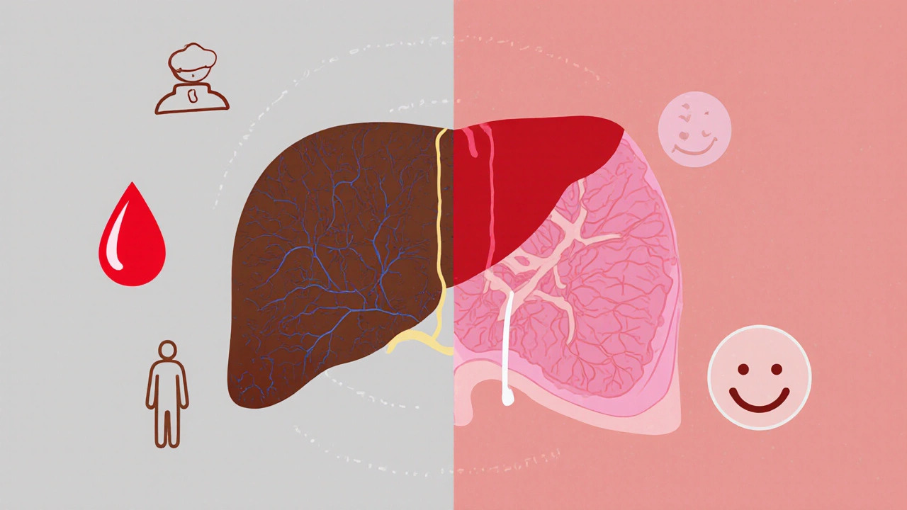 Split illustration of diseased liver vs healthy liver with symbols for side effects.