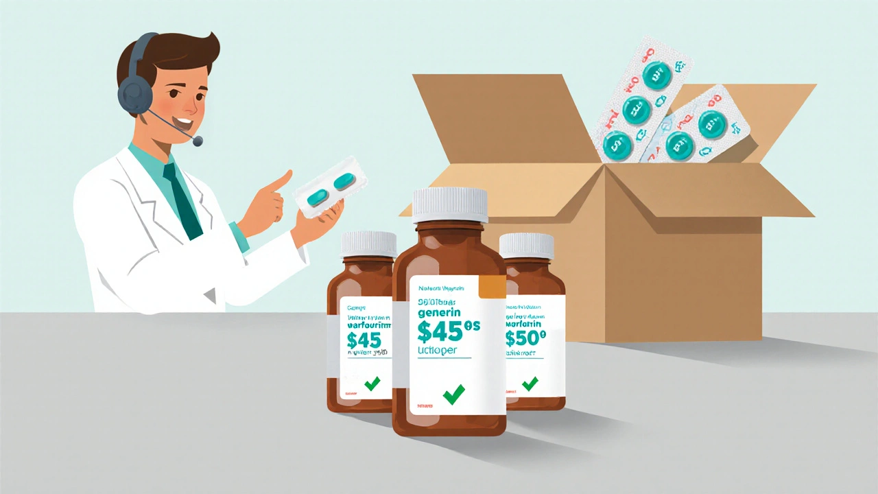 Three generic warfarin bottles with price tags beside a shipping box and a pharmacist.