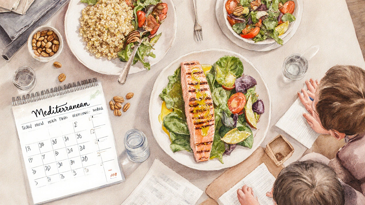 Watercolor of Mediterranean dinner, calendar, and a focused child doing homework.