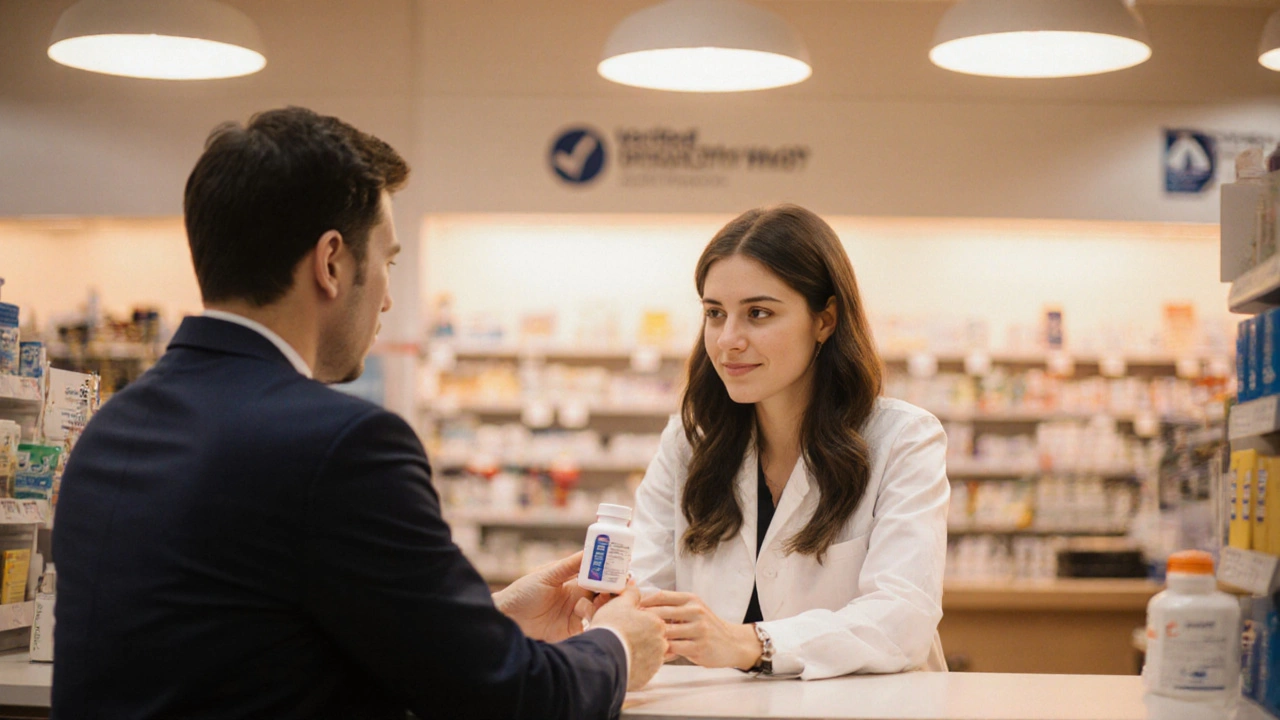 Woman discussing Female Cialis Soft prescription with pharmacist at pharmacy.