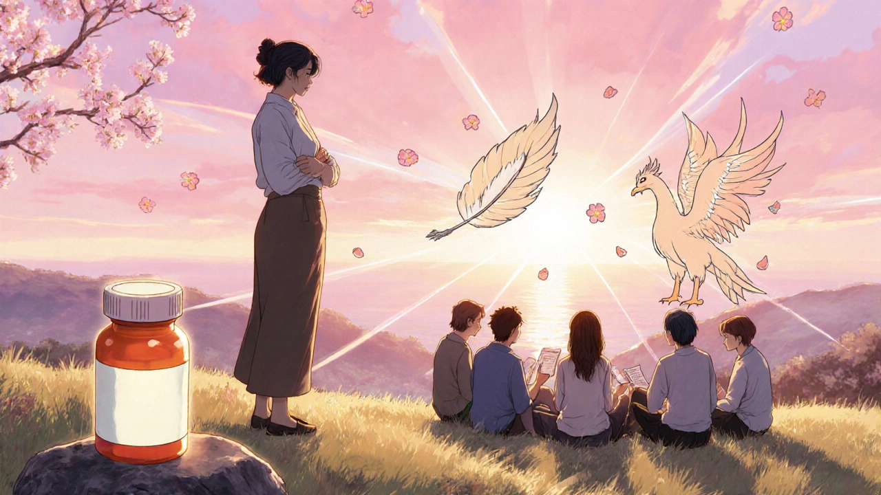 Woman standing at sunrise with supportive group and symbolic phoenix.