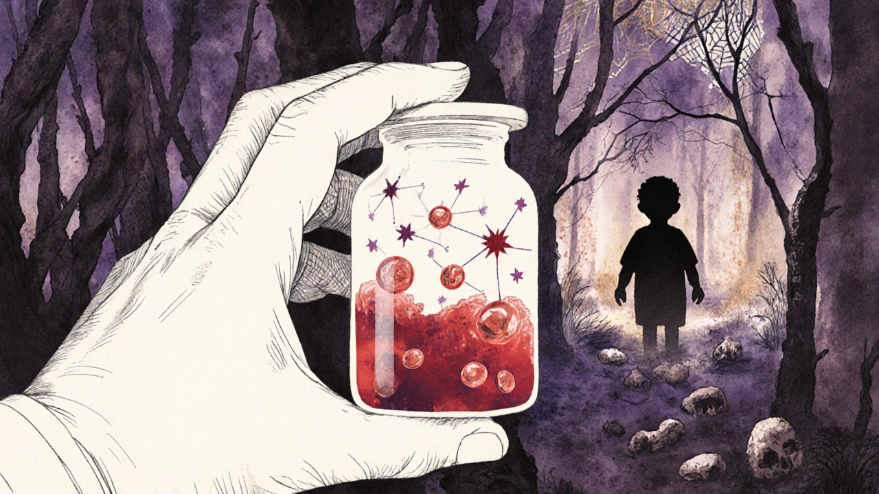 A blood vial with lymphocyte constellations and fading tonsils in delicate Amano-inspired art.